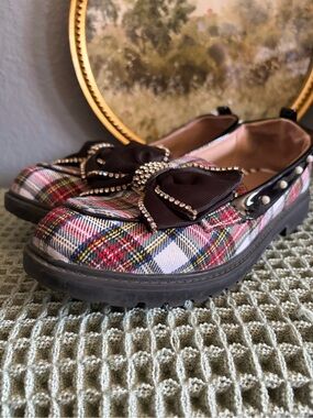 Betsey Johnson Plaid Loafers with Rhinestone Bow - Red, White, Black
